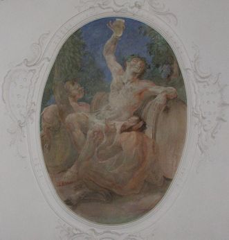 Fresko mit Gott Bacchus von Andreas Brugger im Treppenhaus des Neuen Schlosses Tettnang
