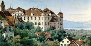 Historische Ansicht auf Schloss und Bodensee in einem Aquarell von Luise Martens, 1867.