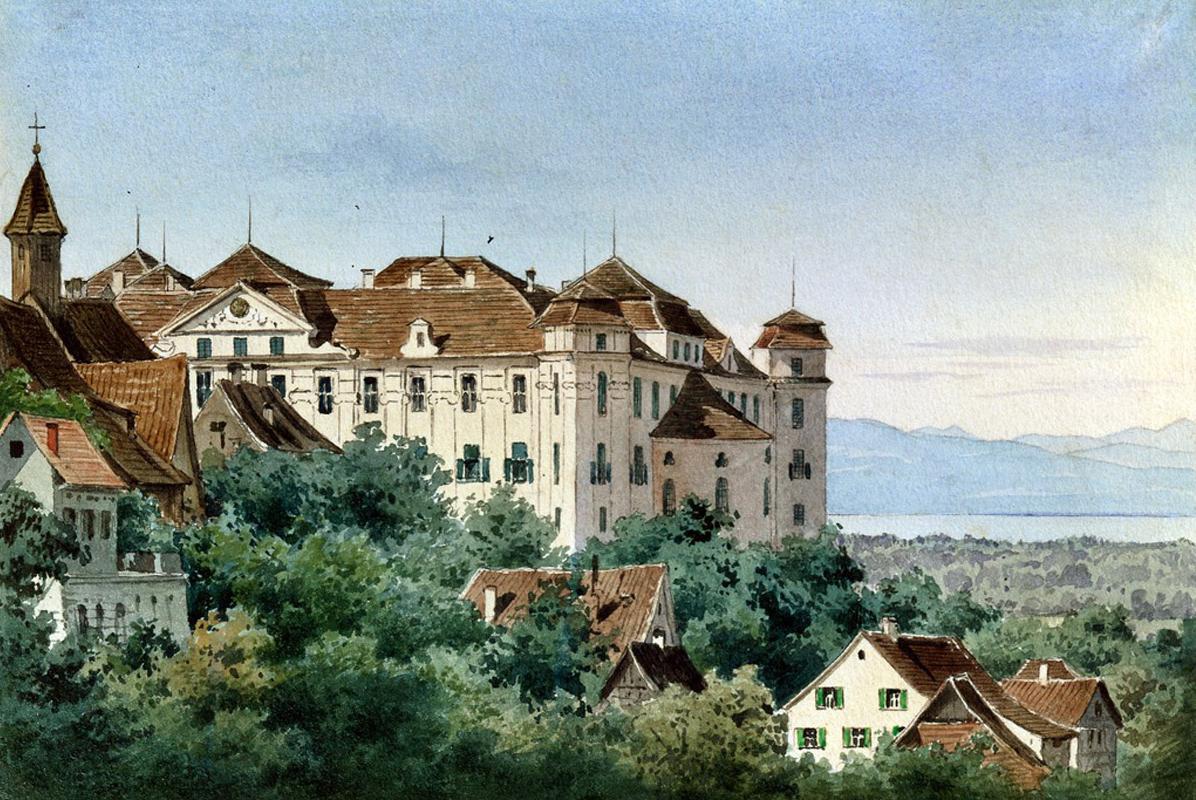 Historische Ansicht auf Schloss und Bodensee in einem Aquarell von Luise Martens, 1867