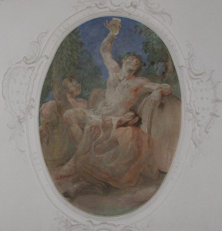 Fresko mit Gott Bacchus von Andreas Brugger im Treppenhaus des Neuen Schlosses Tettnang