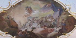 Deckenfresko von Franz Martin Kuen von 1758 im Tafelzimmer im Neuen Schloss Tettnang