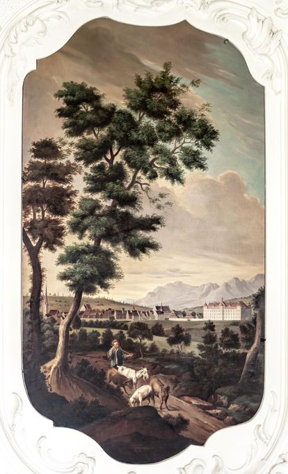 Neues Schloss Tettnang, Gemälde im Korridor mit Ansicht des Montfort-Schlosses Tettnang