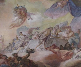 Ausschnitt aus dem Deckenfresko von Franz Martin Kuen von 1758 im Tafelzimmer im Neuen Schloss Tettnang